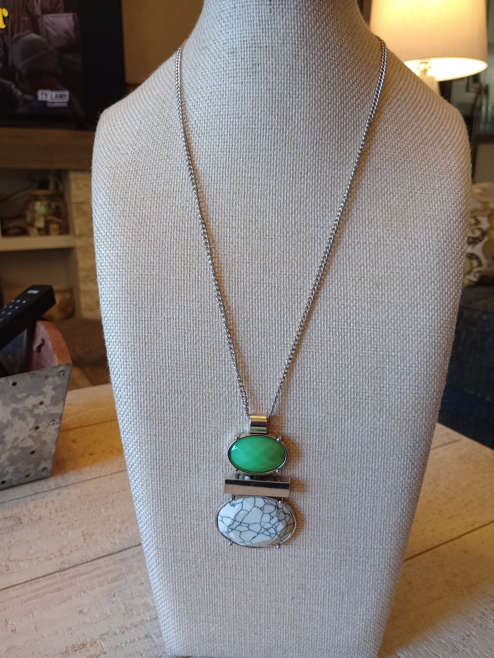 paparazzi Green and White Stone Double Pendant Necklace